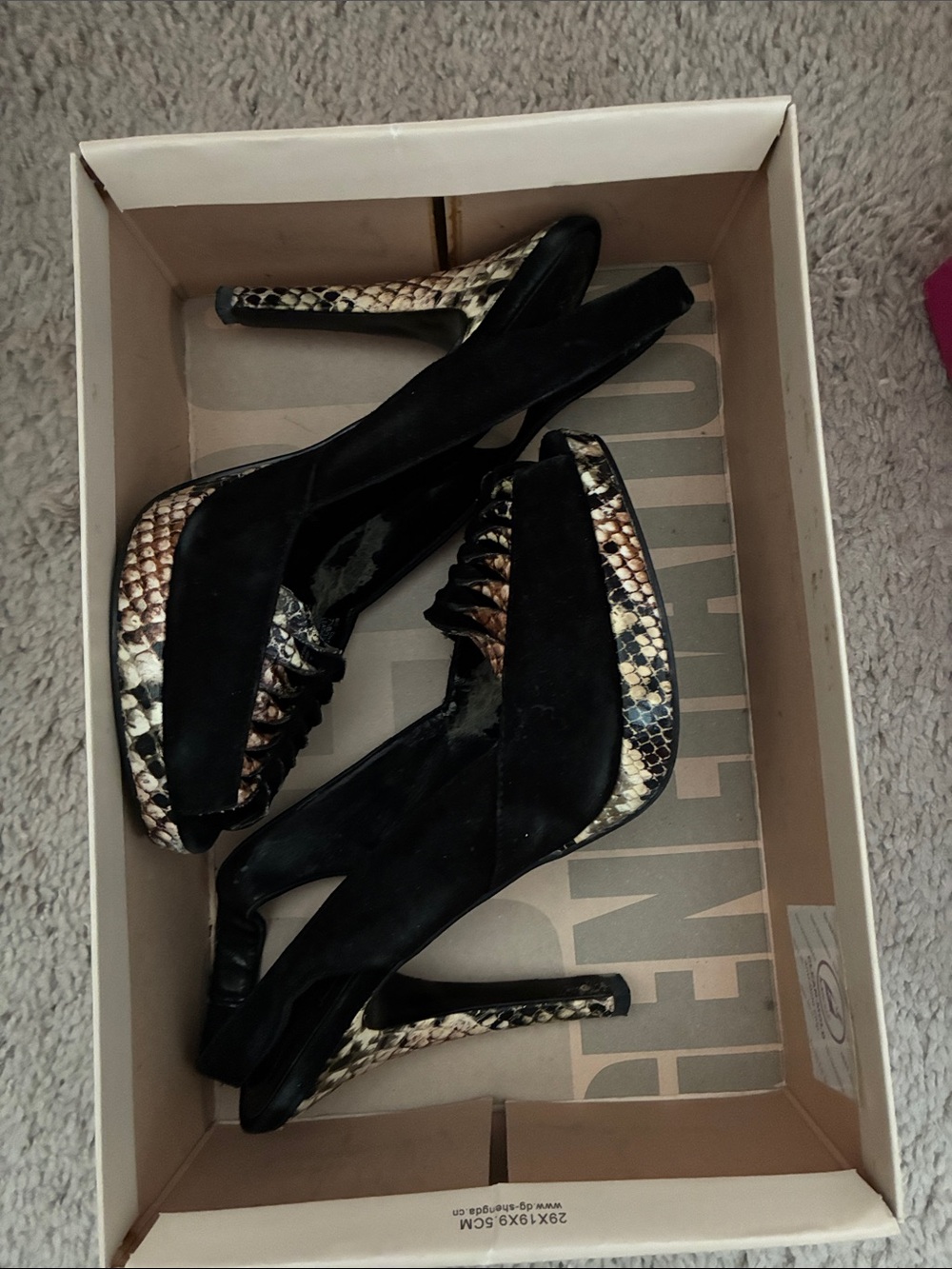 BCBGeneration Black Suede Peep-Toe Heels with Snake-Print Accents